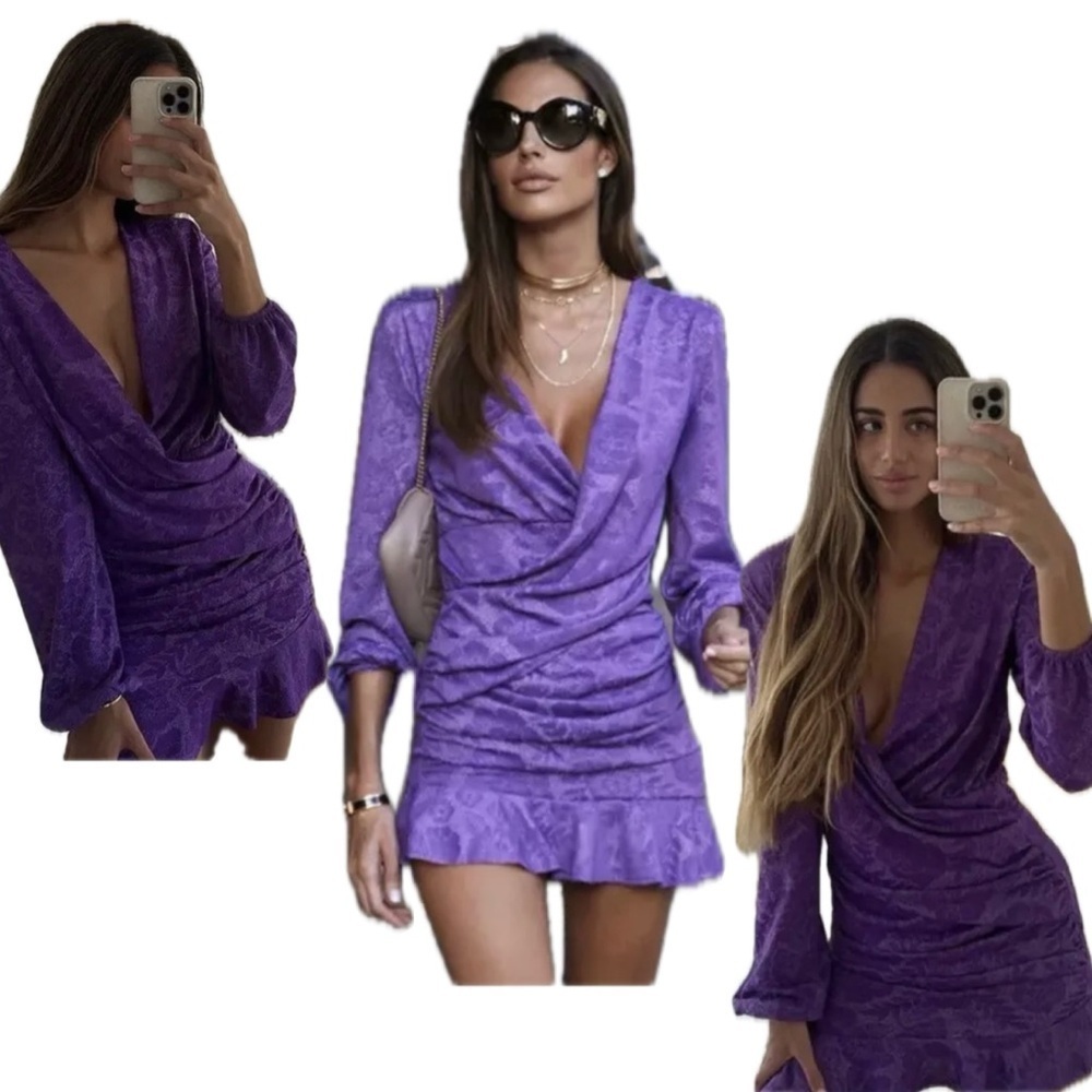 Zara purple jacquard ruffle frill draped ruched long sleeve wrap dress Sz M NWT - Picture 6 of 10